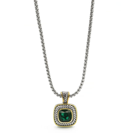 TWO-TONE EMERALD GREEN SQUARE PENDANT BOX CHAIN NECKLACE #73014EH-EGR