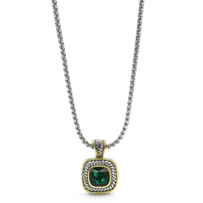 TWO-TONE EMERALD GREEN SQUARE PENDANT BOX CHAIN NECKLACE #73014EH-EGR