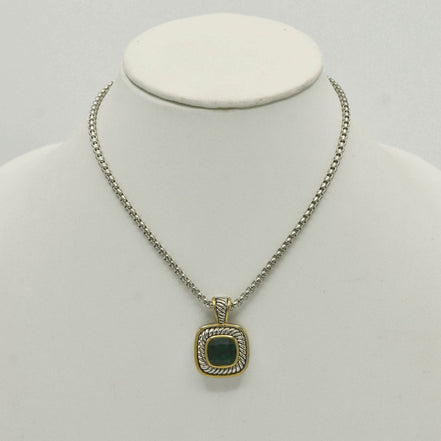 TWO-TONE EMERALD GREEN SQUARE PENDANT BOX CHAIN NECKLACE #73014EH-EGR