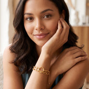 Women's Gold-Tone Double Chain Link Bracelet with Center Ring Motif | Chunky Circle Connector Statement Bracelet | Fashion Jewelry #HNB90843GD (RC15)
