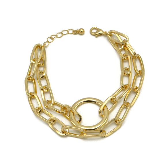Women's Gold-Tone Double Chain Link Bracelet with Center Ring Motif | Chunky Circle Connector Statement Bracelet | Fashion Jewelry #HNB90843GD (RC15)