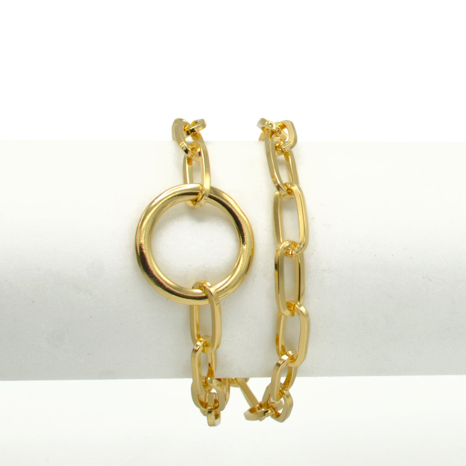 Women's Gold-Tone Double Chain Link Bracelet with Center Ring Motif | Chunky Circle Connector Statement Bracelet | Fashion Jewelry #HNB90843GD (RC15)