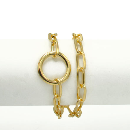 Women's Gold-Tone Double Chain Link Bracelet with Center Ring Motif | Chunky Circle Connector Statement Bracelet | Fashion Jewelry #HNB90843GD (RC15)