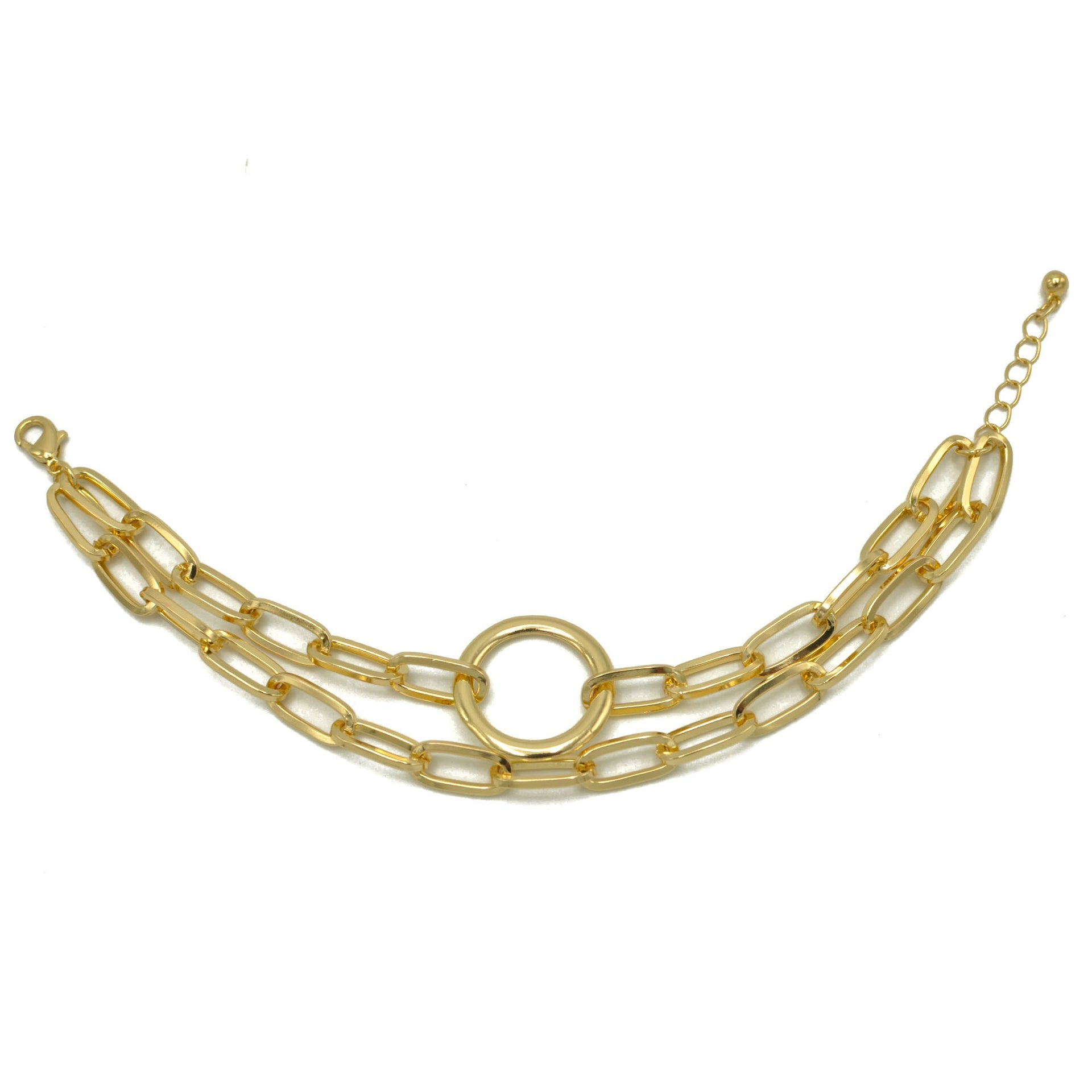 Women's Gold-Tone Double Chain Link Bracelet with Center Ring Motif | Chunky Circle Connector Statement Bracelet | Fashion Jewelry #HNB90843GD (RC15)