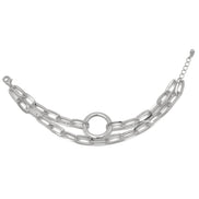 SILVER RECTANGLE LINK CHAIN AND RORUND TWO ROW BRACELETWomen's SWomen's Silver-Tone Double Chain Link Bracelet with Center Ring Motif | Chunky Circle Connector Statement Bracelet | Fashion Jewelry#HNB90843SL