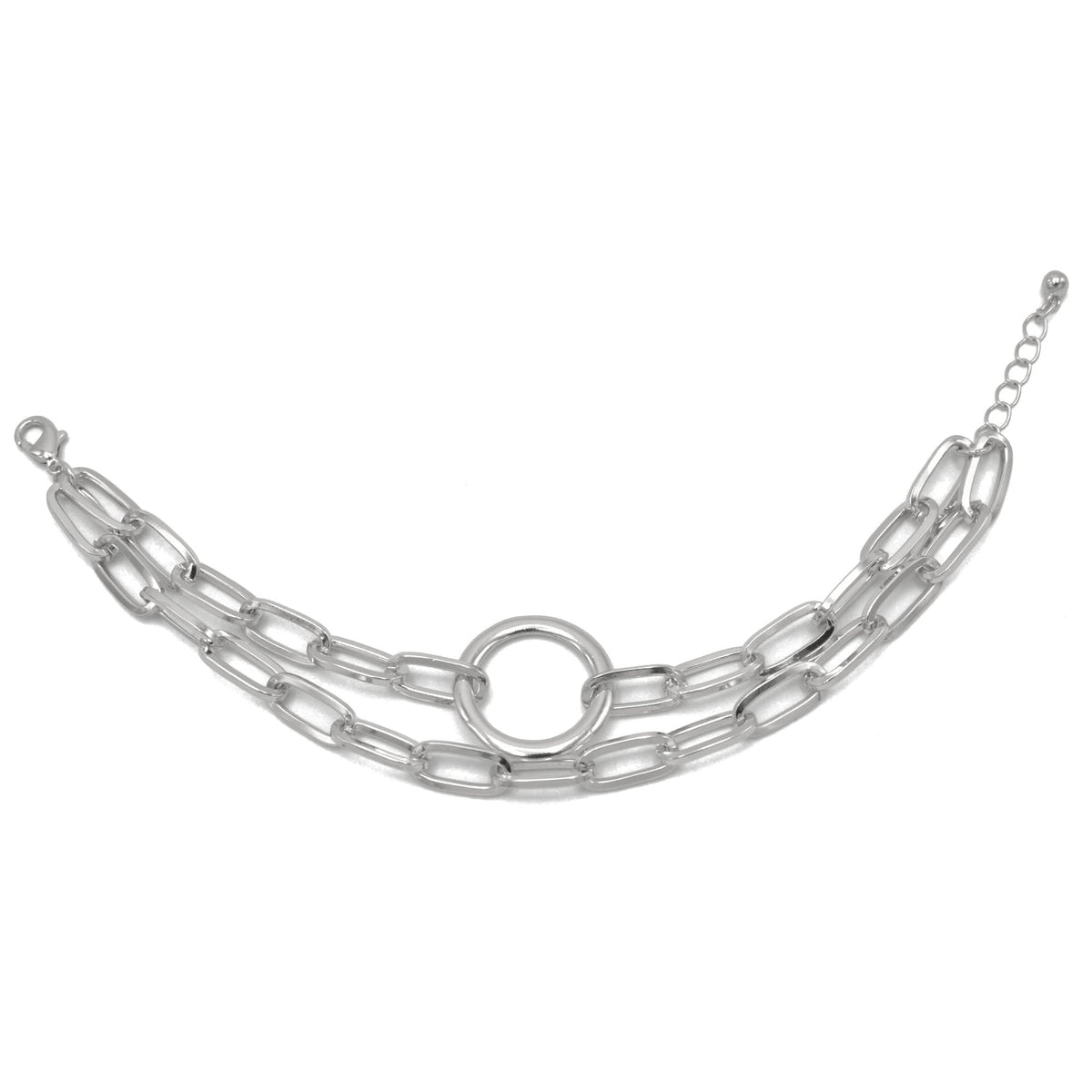 SILVER RECTANGLE LINK CHAIN AND RORUND TWO ROW BRACELETWomen's SWomen's Silver-Tone Double Chain Link Bracelet with Center Ring Motif | Chunky Circle Connector Statement Bracelet | Fashion Jewelry#HNB90843SL