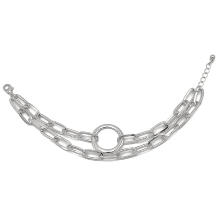 SILVER RECTANGLE LINK CHAIN AND RORUND TWO ROW BRACELETWomen's SWomen's Silver-Tone Double Chain Link Bracelet with Center Ring Motif | Chunky Circle Connector Statement Bracelet | Fashion Jewelry#HNB90843SL