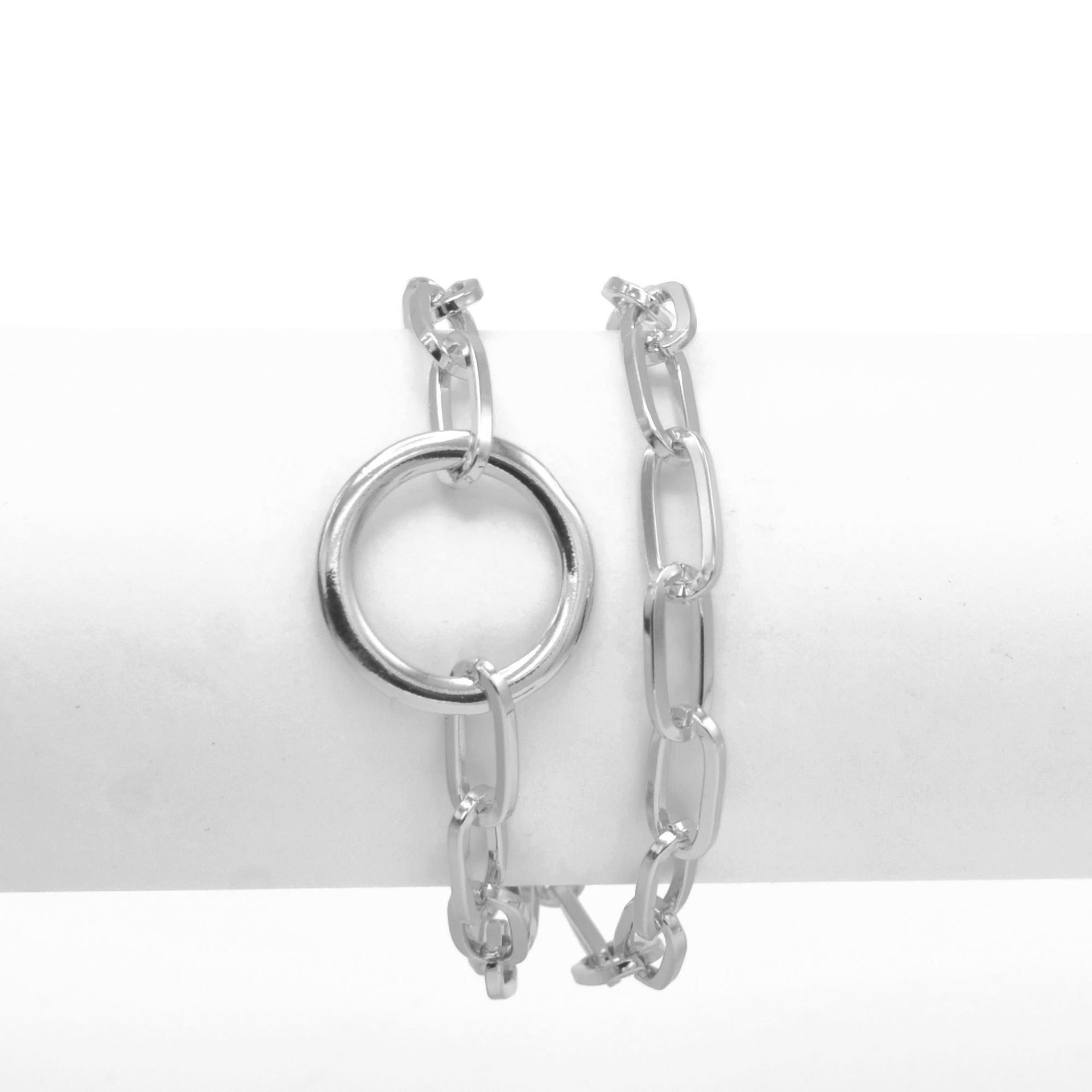 SILVER RECTANGLE LINK CHAIN AND RORUND TWO ROW BRACELETWomen's SWomen's Silver-Tone Double Chain Link Bracelet with Center Ring Motif | Chunky Circle Connector Statement Bracelet | Fashion Jewelry#HNB90843SL