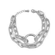 SILVER RECTANGLE LINK CHAIN AND RORUND TWO ROW BRACELETWomen's SWomen's Silver-Tone Double Chain Link Bracelet with Center Ring Motif | Chunky Circle Connector Statement Bracelet | Fashion Jewelry#HNB90843SL