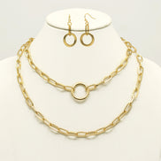 Tazza Women's Gold-Tone Layered Paperclip Chain Necklace & Earring Set | Chunky Double Chain Circle Ring Pendant Jewelry Set #HNN+E90843GD(IB20)