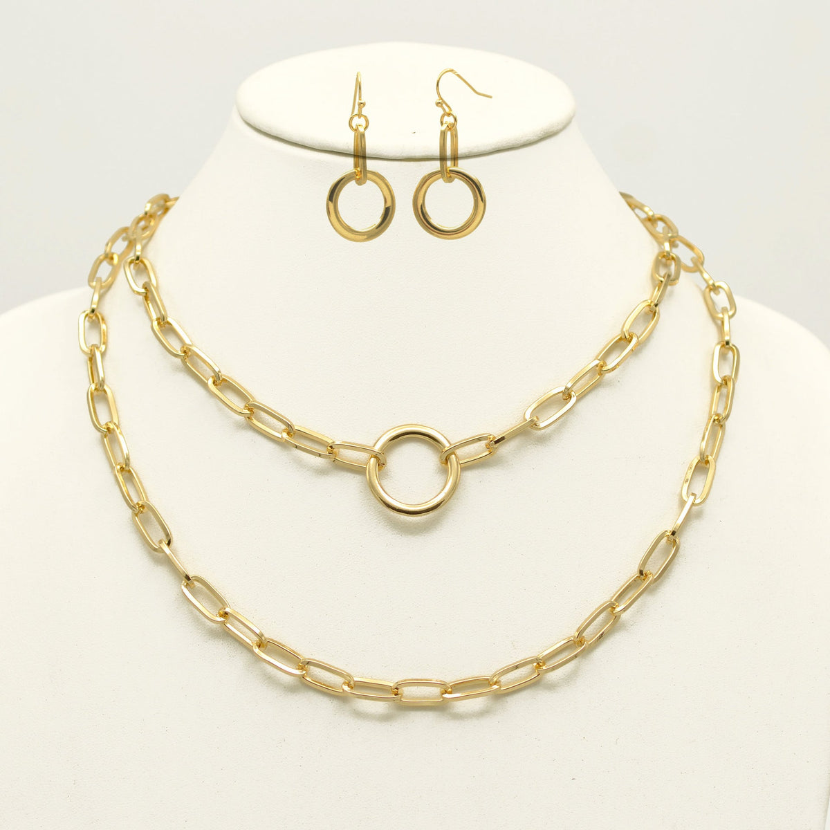 Tazza Women's Gold-Tone Layered Paperclip Chain Necklace & Earring Set | Chunky Double Chain Circle Ring Pendant Jewelry Set #HNN+E90843GD(IB20)