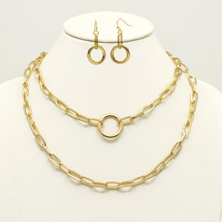 Tazza Women's Gold-Tone Layered Paperclip Chain Necklace & Earring Set | Chunky Double Chain Circle Ring Pendant Jewelry Set #HNN+E90843GD(IB20)