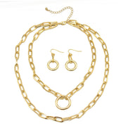 Tazza Women's Gold-Tone Layered Paperclip Chain Necklace & Earring Set | Chunky Double Chain Circle Ring Pendant Jewelry Set #HNN+E90843GD(IB20)