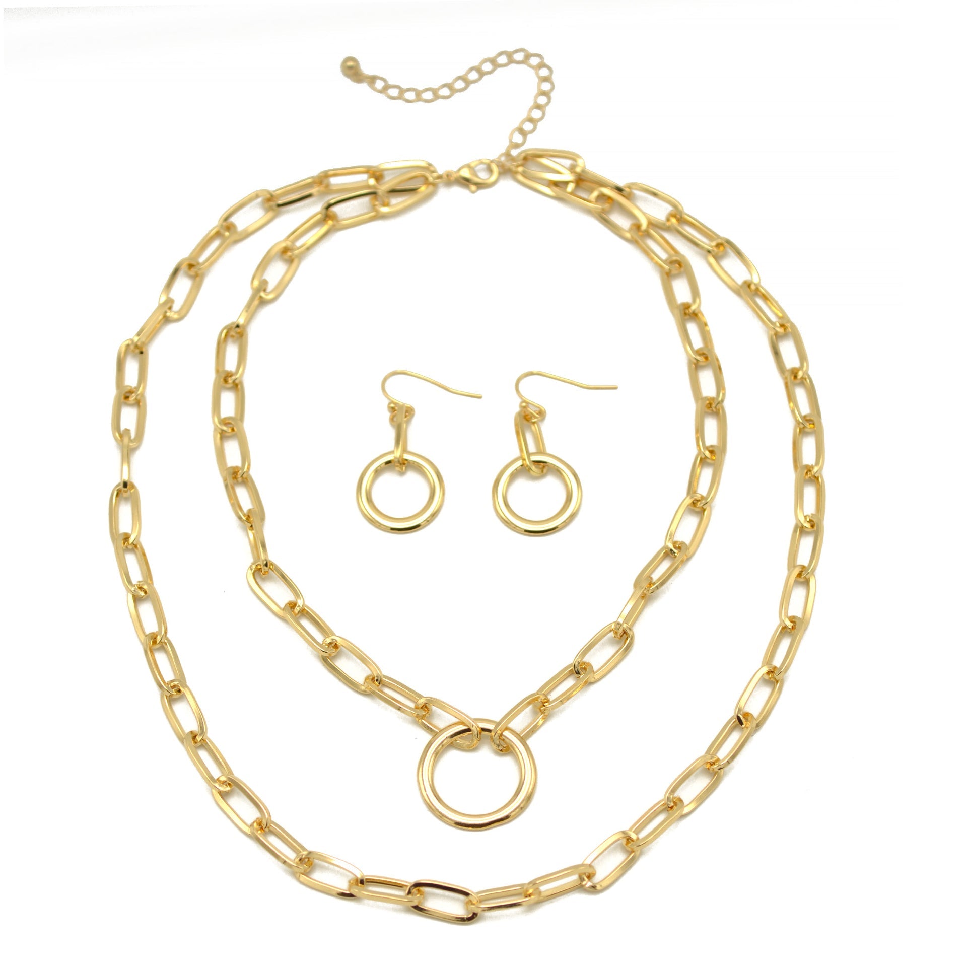 Tazza Women's Gold-Tone Layered Paperclip Chain Necklace & Earring Set | Chunky Double Chain Circle Ring Pendant Jewelry Set #HNN+E90843GD(IB20)