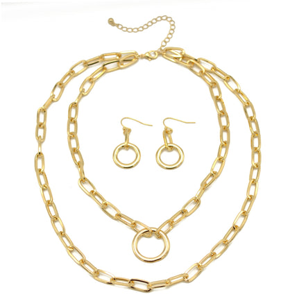 Tazza Women's Gold-Tone Layered Paperclip Chain Necklace & Earring Set | Chunky Double Chain Circle Ring Pendant Jewelry Set #HNN+E90843GD(IB20)