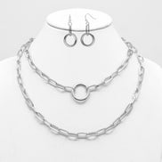 Tazza Women's Silver-Tone Layered Paperclip Chain Necklace & Earring Set | Chunky Double Chain Circle Ring Pendant Jewelry Set #HNN+E90843SL(SF11)