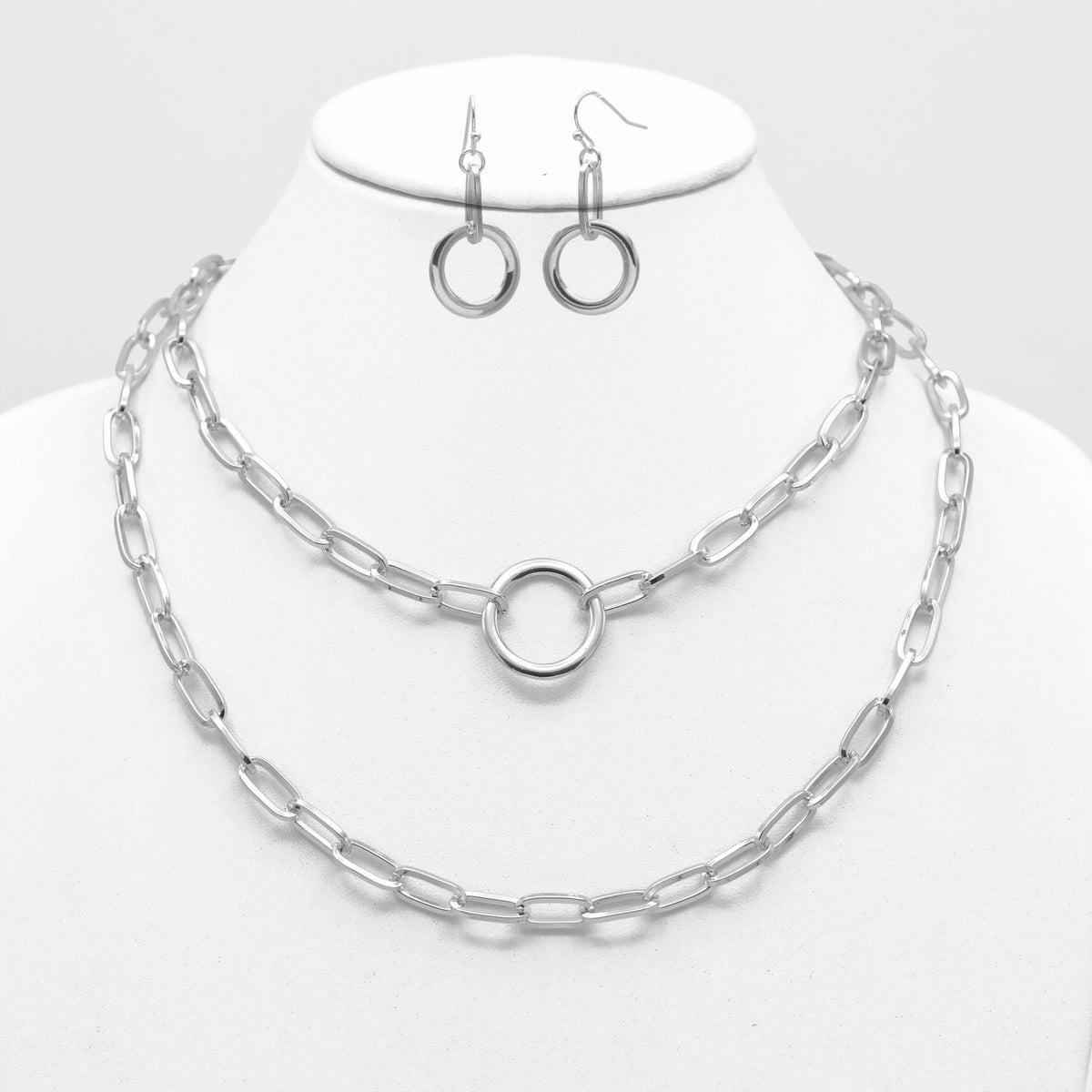Tazza Women's Silver-Tone Layered Paperclip Chain Necklace & Earring Set | Chunky Double Chain Circle Ring Pendant Jewelry Set #HNN+E90843SL(SF11)