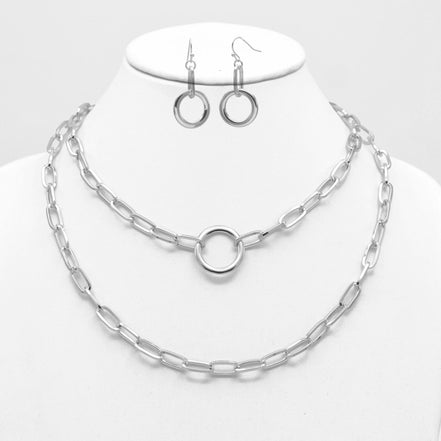 Tazza Women's Silver-Tone Layered Paperclip Chain Necklace & Earring Set | Chunky Double Chain Circle Ring Pendant Jewelry Set #HNN+E90843SL(SF11)