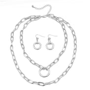 Tazza Women's Silver-Tone Layered Paperclip Chain Necklace & Earring Set | Chunky Double Chain Circle Ring Pendant Jewelry Set #HNN+E90843SL(SF11)