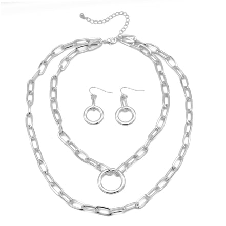 Tazza Women's Silver-Tone Layered Paperclip Chain Necklace & Earring Set | Chunky Double Chain Circle Ring Pendant Jewelry Set #HNN+E90843SL(SF11)