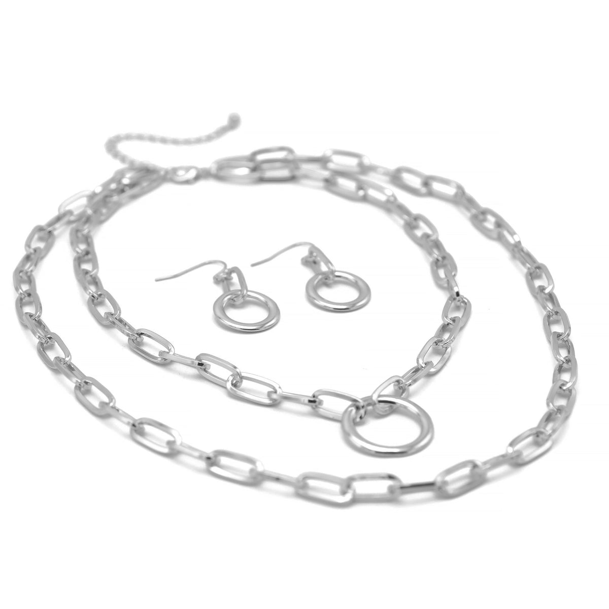 Tazza Women's Silver-Tone Layered Paperclip Chain Necklace & Earring Set | Chunky Double Chain Circle Ring Pendant Jewelry Set #HNN+E90843SL(SF11)