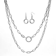Tazza Women's Silver-Tone Layered Paperclip Chain Necklace & Earring Set | Chunky Double Chain Circle Ring Pendant Jewelry Set #HNN+E90843SL(SF11)
