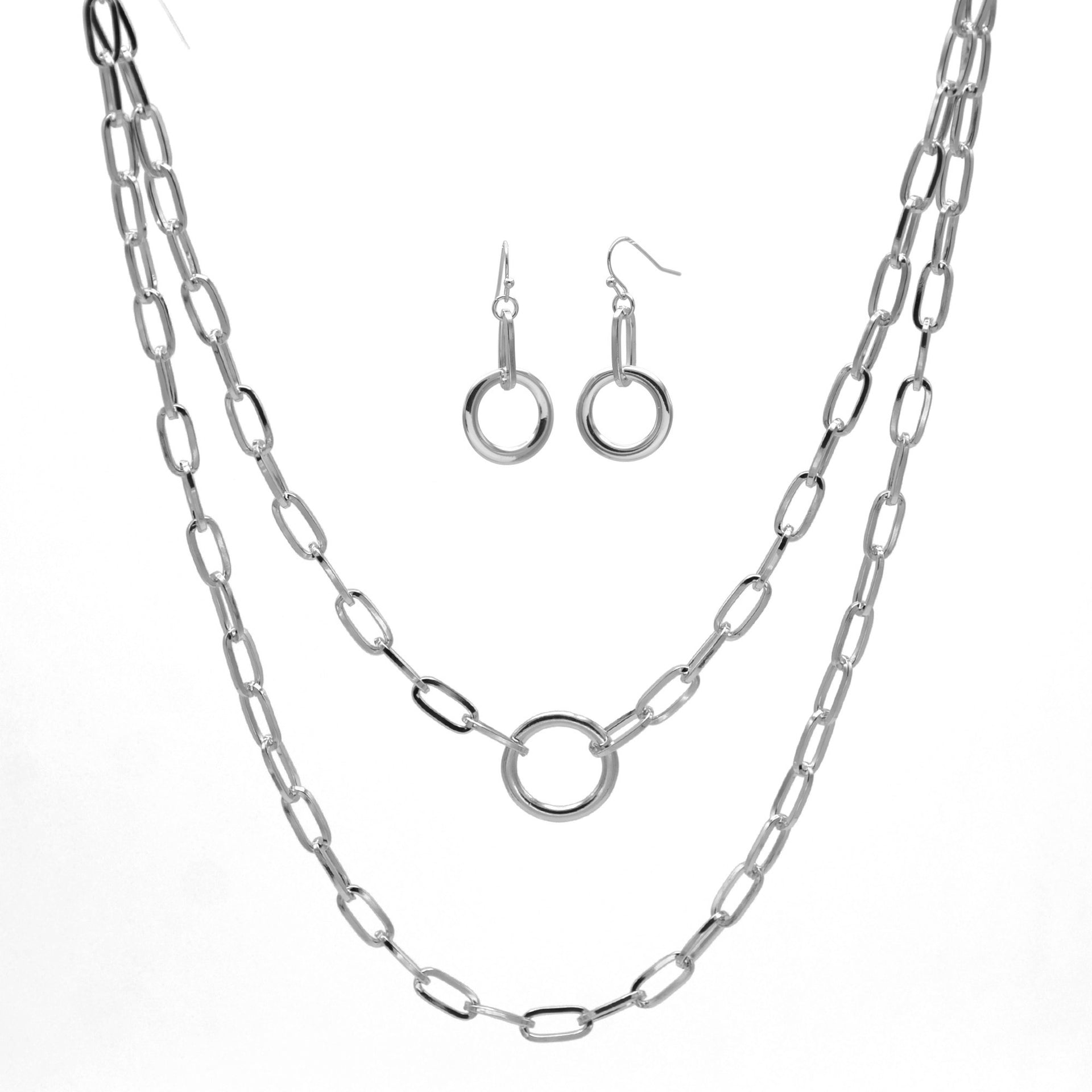 Tazza Women's Silver-Tone Layered Paperclip Chain Necklace & Earring Set | Chunky Double Chain Circle Ring Pendant Jewelry Set #HNN+E90843SL(SF11)