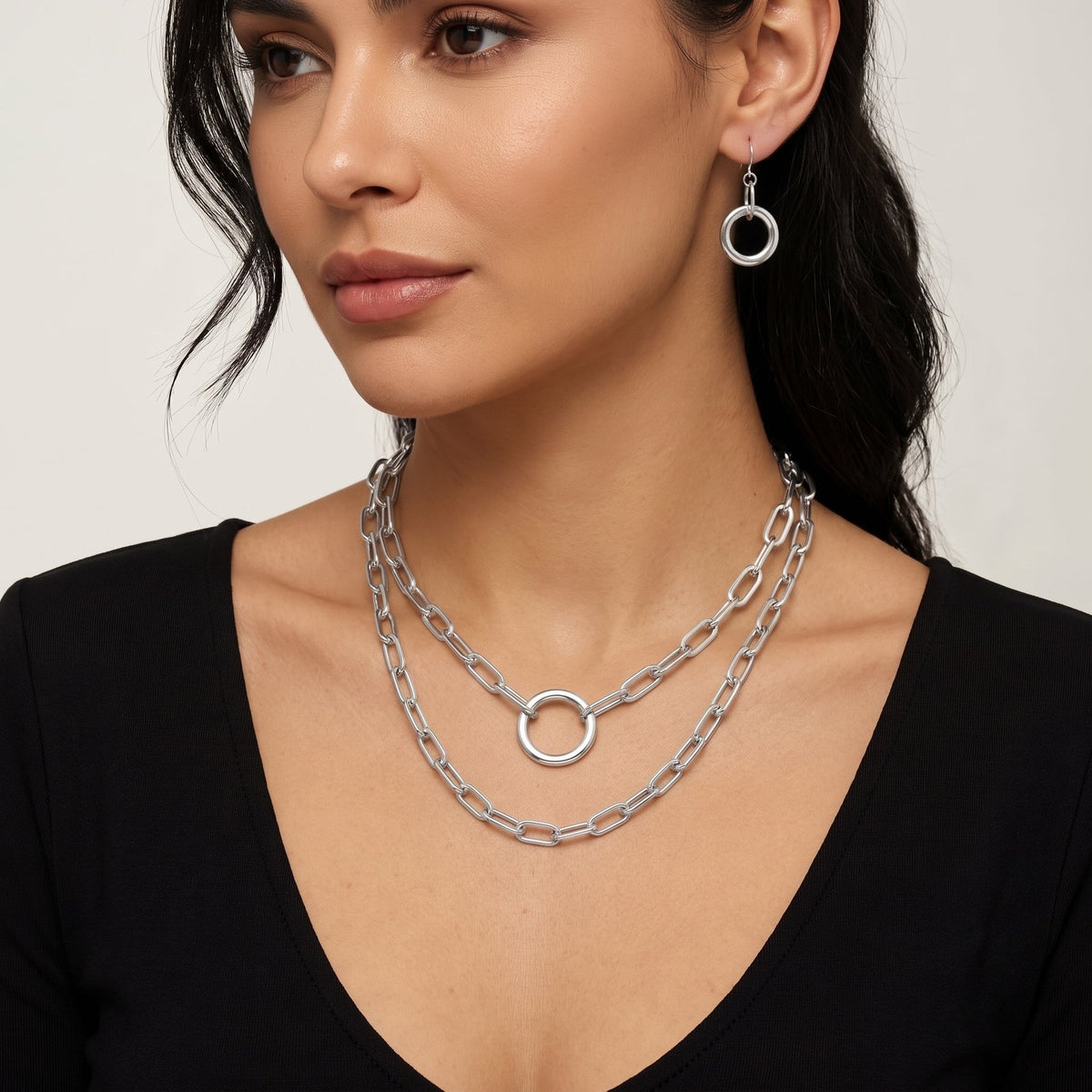 Tazza Women's Silver-Tone Layered Paperclip Chain Necklace & Earring Set | Chunky Double Chain Circle Ring Pendant Jewelry Set #HNN+E90843SL(SF11)
