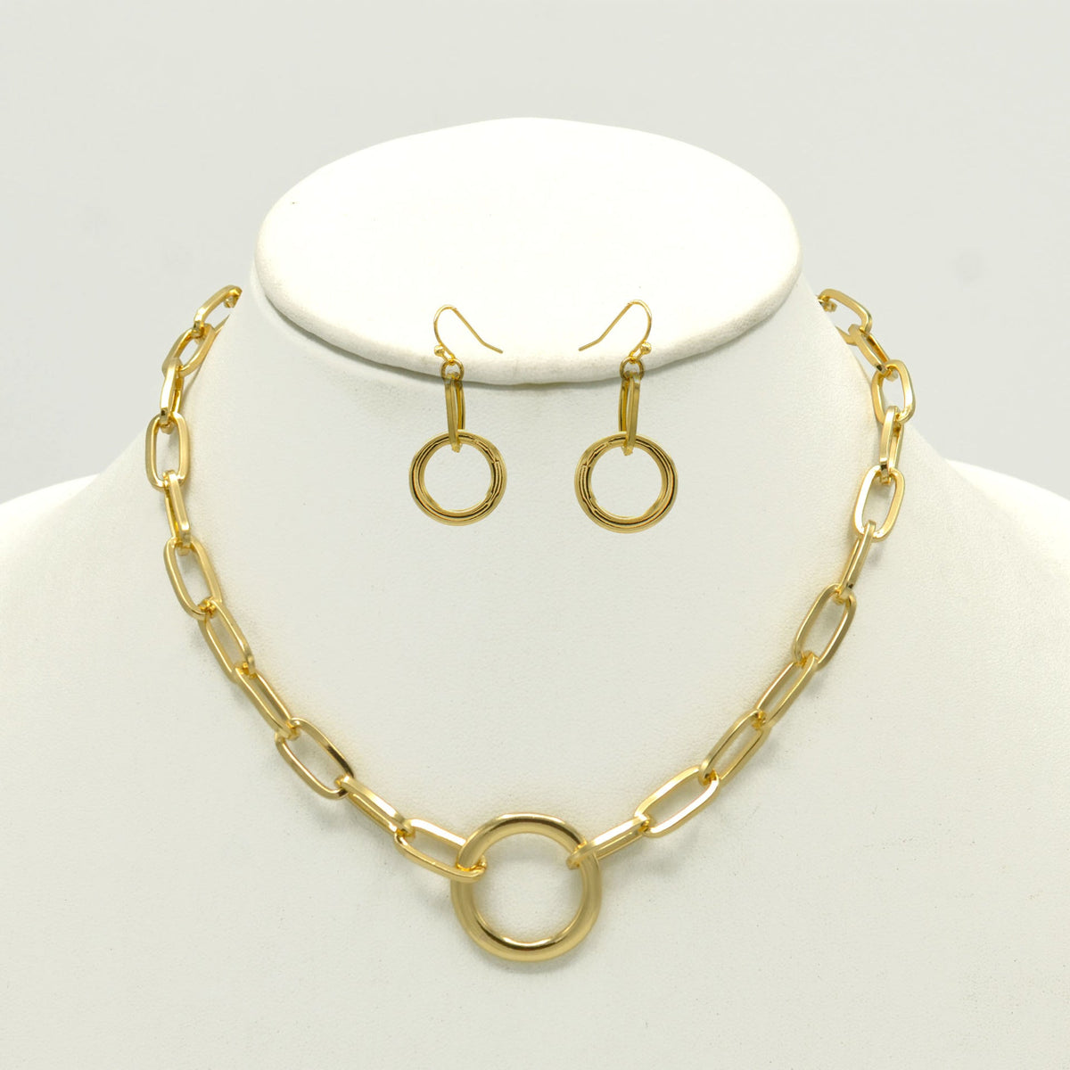 Tazza Women's Gold-Tone Paperclip Chain Collar Necklace & Earring Set | Chunky Circle Ring Pendant Jewelry Set | Fashion Costume Jewelry #HNN+E90841GD(SF8)