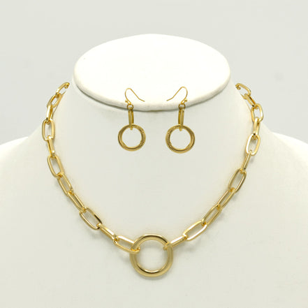 Tazza Women's Gold-Tone Paperclip Chain Collar Necklace & Earring Set | Chunky Circle Ring Pendant Jewelry Set | Fashion Costume Jewelry #HNN+E90841GD(SF8)