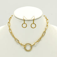 GOLD RECTANGLE LINK CHAIN AND ROUND PENDANT NECKLACE AND EARRINGS SET #HNN+E90841GD(IB20)