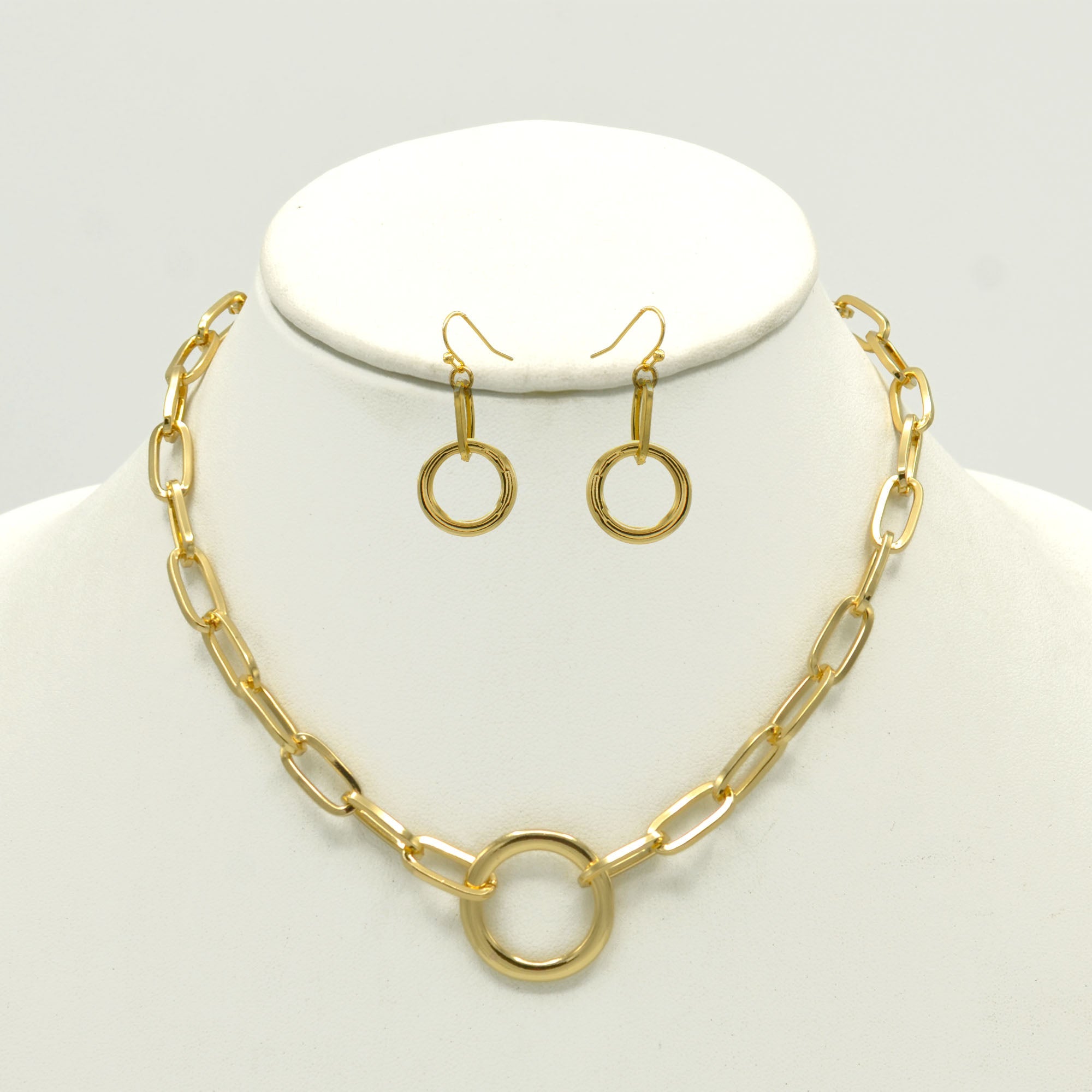 GOLD RECTANGLE LINK CHAIN AND ROUND PENDANT NECKLACE AND EARRINGS SET #HNN+E90841GD(IB20)