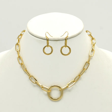 GOLD RECTANGLE LINK CHAIN AND ROUND PENDANT NECKLACE AND EARRINGS SET #HNN+E90841GD(IB20)