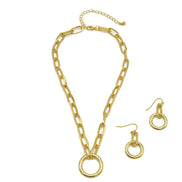 GOLD RECTANGLE LINK CHAIN AND ROUND PENDANT NECKLACE AND EARRINGS SET #HNN+E90841GD(IB20)