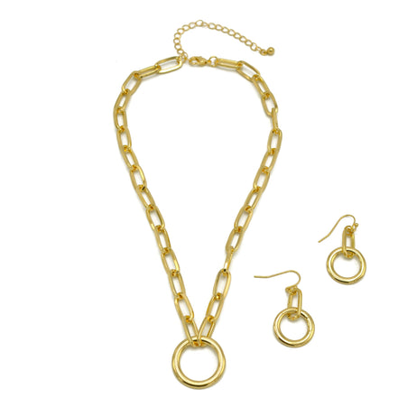 GOLD RECTANGLE LINK CHAIN AND ROUND PENDANT NECKLACE AND EARRINGS SET #HNN+E90841GD(IB20)