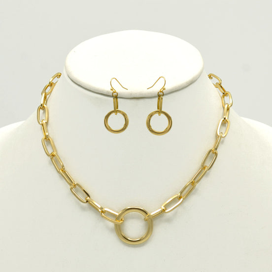 GOLD RECTANGLE LINK CHAIN AND ROUND PENDANT NECKLACE AND EARRINGS SET #HNN+E90841GD(IB20)