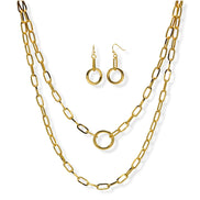 Tazza Women's Gold-Tone Layered Paperclip Chain Necklace & Earring Set | Chunky Double Chain Circle Ring Pendant Jewelry Set #HNN+E90843GD(IB20)