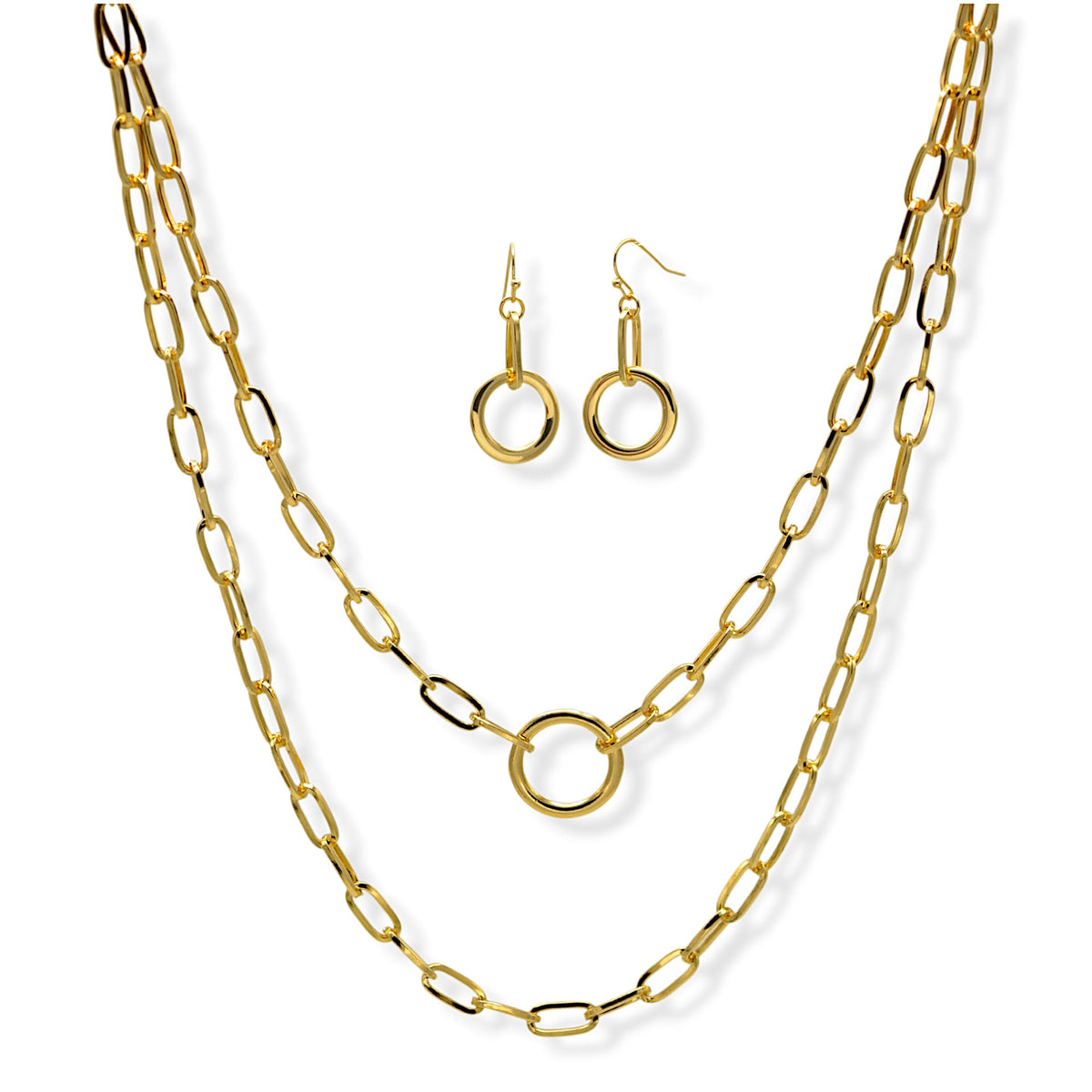 Tazza Women's Gold-Tone Layered Paperclip Chain Necklace & Earring Set | Chunky Double Chain Circle Ring Pendant Jewelry Set #HNN+E90843GD(IB20)