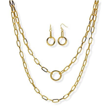 Tazza Women's Gold-Tone Layered Paperclip Chain Necklace & Earring Set | Chunky Double Chain Circle Ring Pendant Jewelry Set #HNN+E90843GD(IB20)