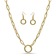 GOLD RECTANGLE LINK CHAIN AND ROUND PENDANT NECKLACE AND EARRINGS SET #HNN+E90841GD(IB20)