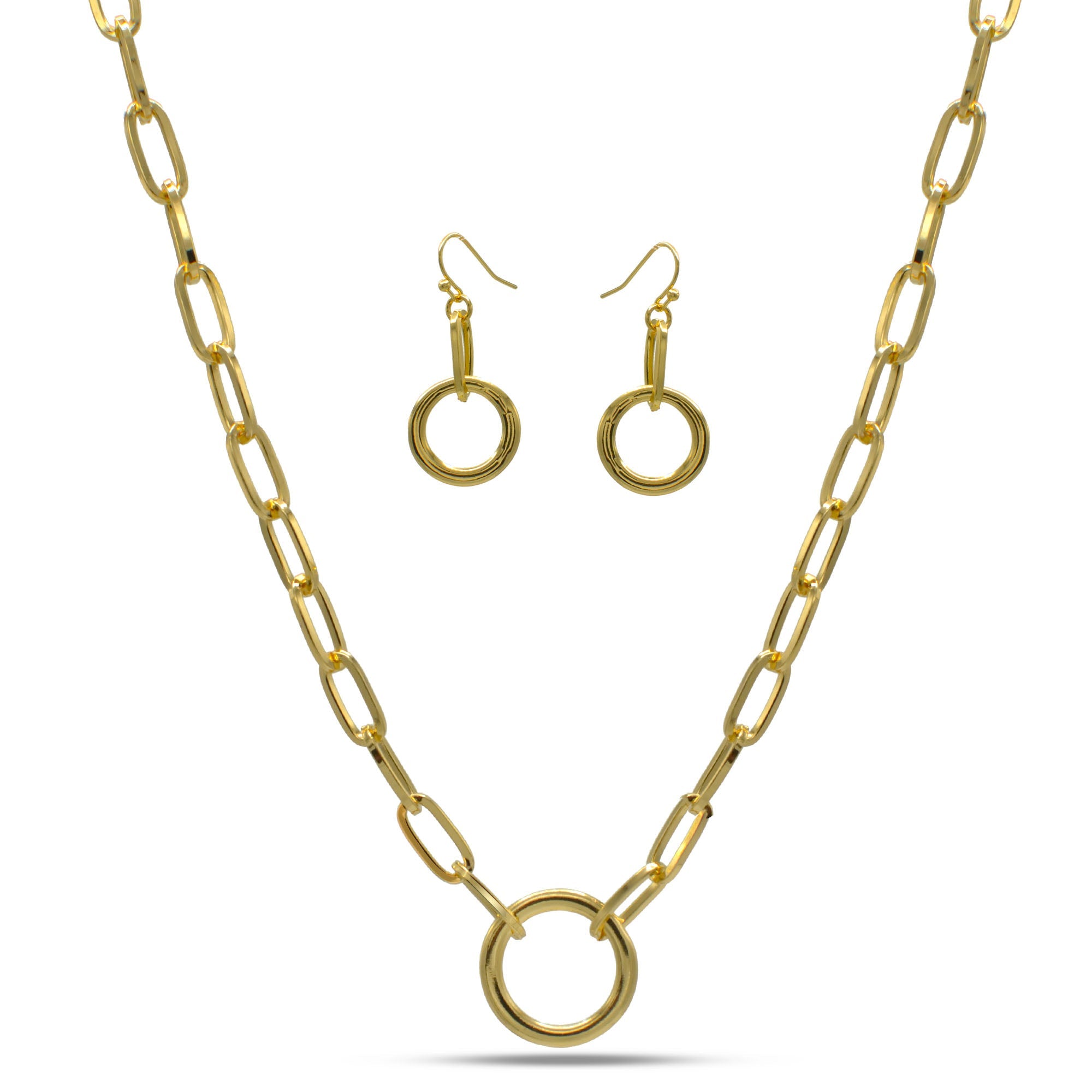 GOLD RECTANGLE LINK CHAIN AND ROUND PENDANT NECKLACE AND EARRINGS SET #HNN+E90841GD(IB20)