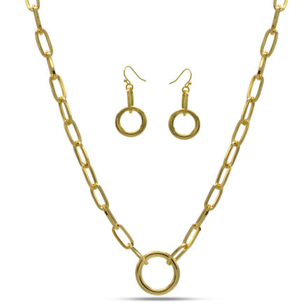 GOLD RECTANGLE LINK CHAIN AND ROUND PENDANT NECKLACE AND EARRINGS SET #HNN+E90841GD(IB20)