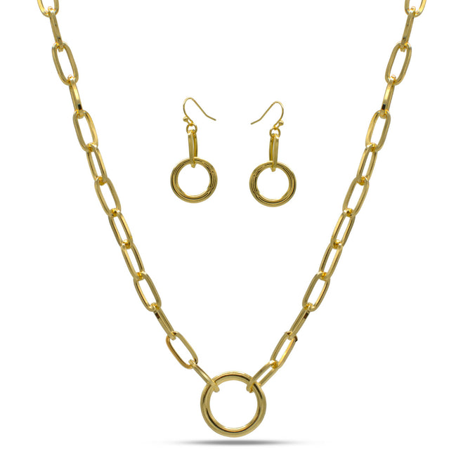 GOLD RECTANGLE LINK CHAIN AND ROUND PENDANT NECKLACE AND EARRINGS SET #HNN+E90841GD(IB20)