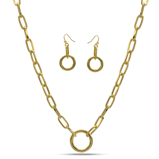 GOLD RECTANGLE LINK CHAIN AND ROUND PENDANT NECKLACE AND EARRINGS SET #HNN+E90841GD(IB20)