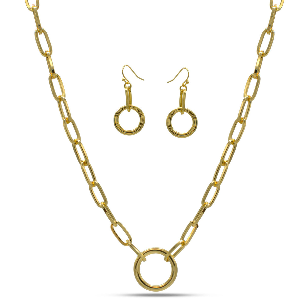 Tazza Women's Gold-Tone Paperclip Chain Collar Necklace & Earring Set | Chunky Circle Ring Pendant Jewelry Set | Fashion Costume Jewelry #HNN+E90841GD(SF8)
