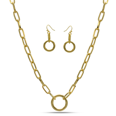 Tazza Women's Gold-Tone Paperclip Chain Collar Necklace & Earring Set | Chunky Circle Ring Pendant Jewelry Set | Fashion Costume Jewelry #HNN+E90841GD(SF8)