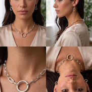 SILVER RECTANGLE LINK CHAIN AND ROUND PENDANT NECKLACE AND EARRINGS SET #HNN+E90841SL(sf11)