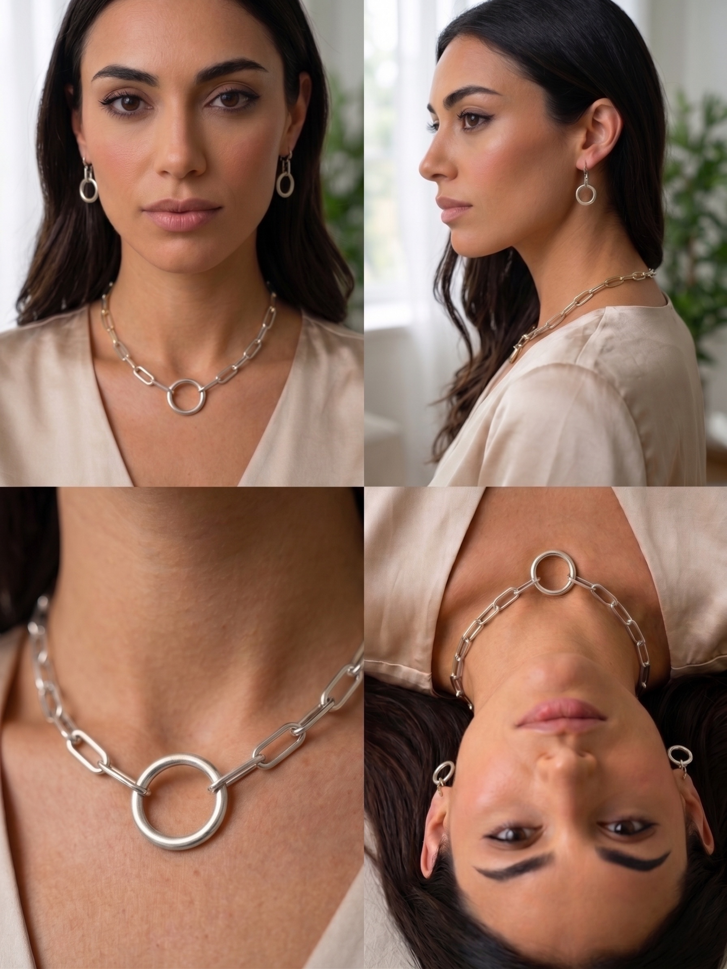 SILVER RECTANGLE LINK CHAIN AND ROUND PENDANT NECKLACE AND EARRINGS SET #HNN+E90841SL(sf11)
