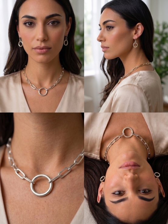 SILVER RECTANGLE LINK CHAIN AND ROUND PENDANT NECKLACE AND EARRINGS SET #HNN+E90841SL(sf11)
