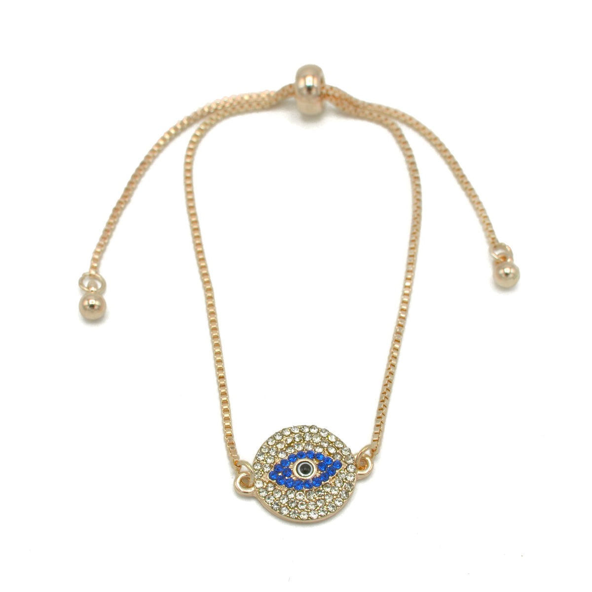 GOLD BLUE CRYSTAL EVIL EYE BOX CHAIN BRACELET #SQXL0818BLU